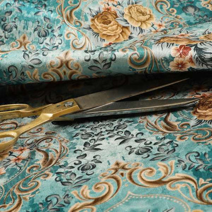 Delight Shiny Floral Printed Pattern Velvet Fabric In Blue Colour Upholstery Fabric CTR-277 - Made To Measure Curtains