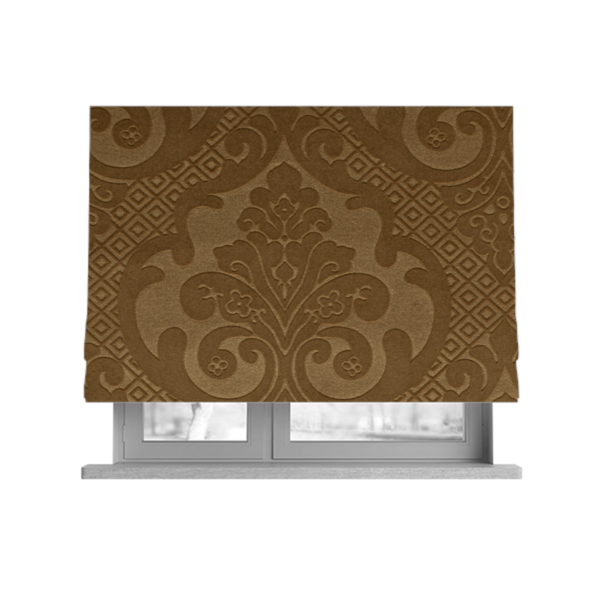 Agra Velveteen Embossed Damask Pattern Upholstery Curtains Fabric In Gold Velvet CTR-2770 - Roman Blinds