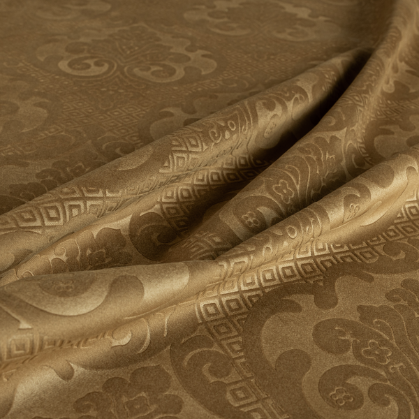 Agra Velveteen Embossed Damask Pattern Upholstery Curtains Fabric In Gold Velvet CTR-2770