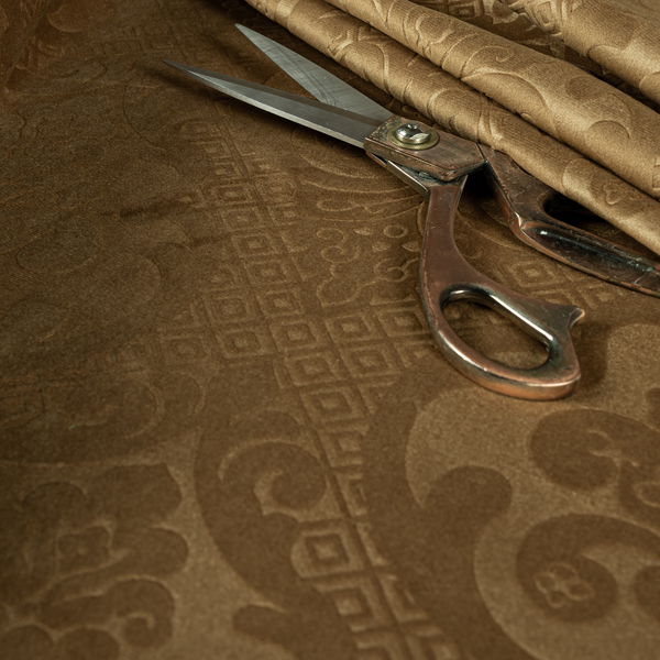 Agra Velveteen Embossed Damask Pattern Upholstery Curtains Fabric In Gold Velvet CTR-2770 - Roman Blinds