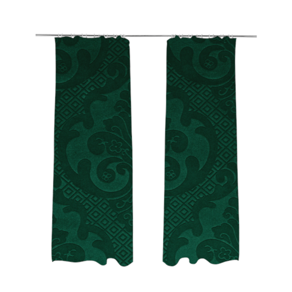 Agra Velveteen Embossed Damask Pattern Upholstery Curtains Fabric In Green Velvet CTR-2772 - Made To Measure Curtains