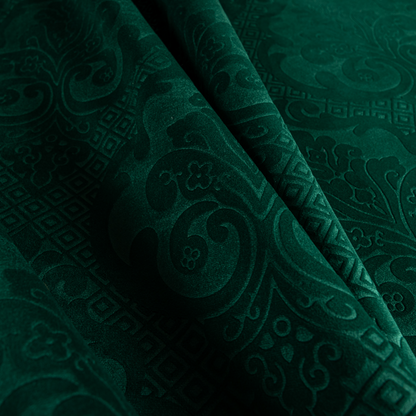 Agra Velveteen Embossed Damask Pattern Upholstery Curtains Fabric In Green Velvet CTR-2772 - Handmade Cushions