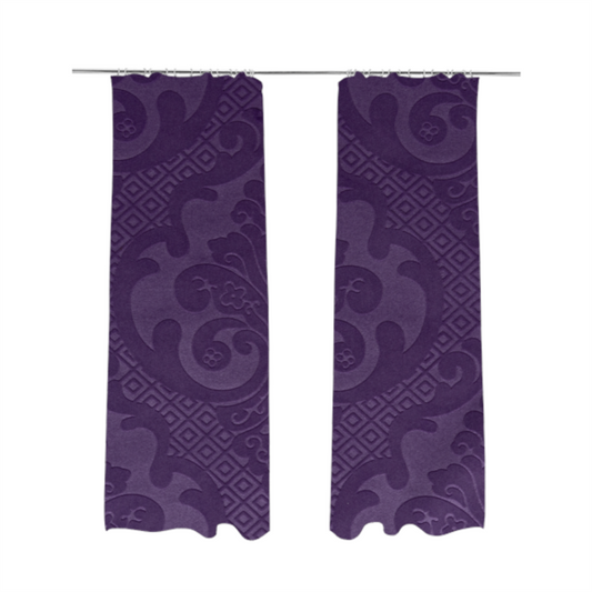 Agra Velveteen Embossed Damask Pattern Upholstery Curtains Fabric In Purple Velvet CTR-2775 - Made To Measure Curtains