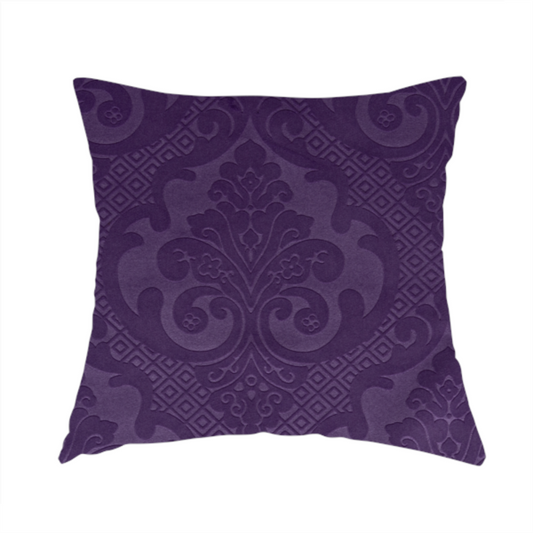 Agra Velveteen Embossed Damask Pattern Upholstery Curtains Fabric In Purple Velvet CTR-2775 - Handmade Cushions