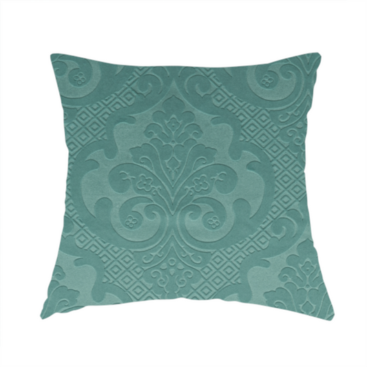 Agra Velveteen Embossed Damask Pattern Upholstery Curtains Fabric In Blue Velvet CTR-2776 - Handmade Cushions