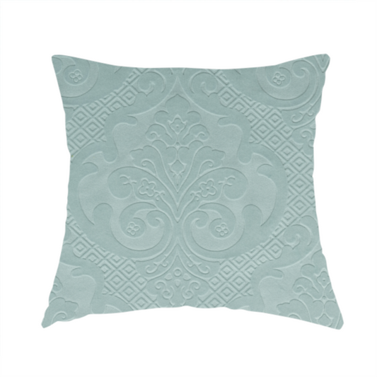 Agra Velveteen Embossed Damask Pattern Upholstery Curtains Fabric In Blue Velvet CTR-2777 - Handmade Cushions