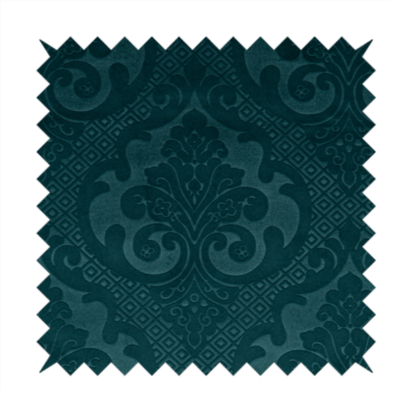 Agra Velveteen Embossed Damask Pattern Upholstery Curtains Fabric In Teal Velvet CTR-2778 - Made To Measure Curtains