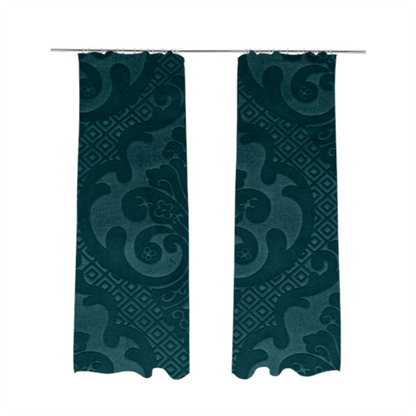 Agra Velveteen Embossed Damask Pattern Upholstery Curtains Fabric In Teal Velvet CTR-2778 - Made To Measure Curtains