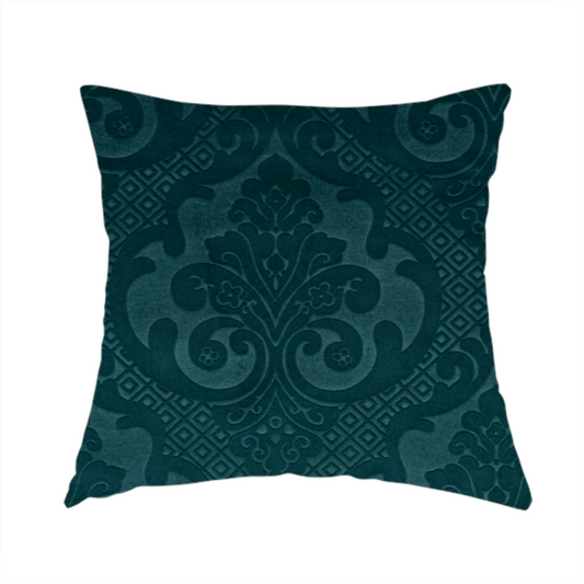 Agra Velveteen Embossed Damask Pattern Upholstery Curtains Fabric In Teal Velvet CTR-2778 - Handmade Cushions