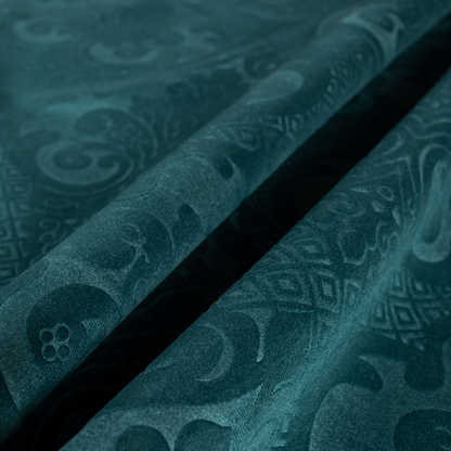 Agra Velveteen Embossed Damask Pattern Upholstery Curtains Fabric In Teal Velvet CTR-2778 - Roman Blinds
