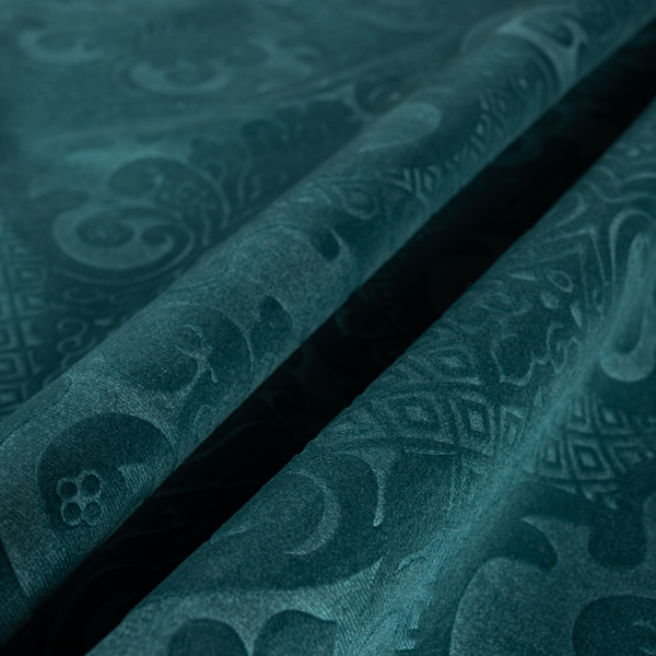 Agra Velveteen Embossed Damask Pattern Upholstery Curtains Fabric In Teal Velvet CTR-2778 - Made To Measure Curtains