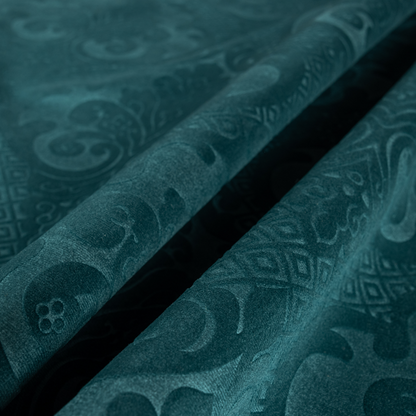 Agra Velveteen Embossed Damask Pattern Upholstery Curtains Fabric In Teal Velvet CTR-2778 - Handmade Cushions