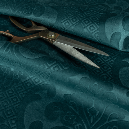 Agra Velveteen Embossed Damask Pattern Upholstery Curtains Fabric In Teal Velvet CTR-2778 - Made To Measure Curtains