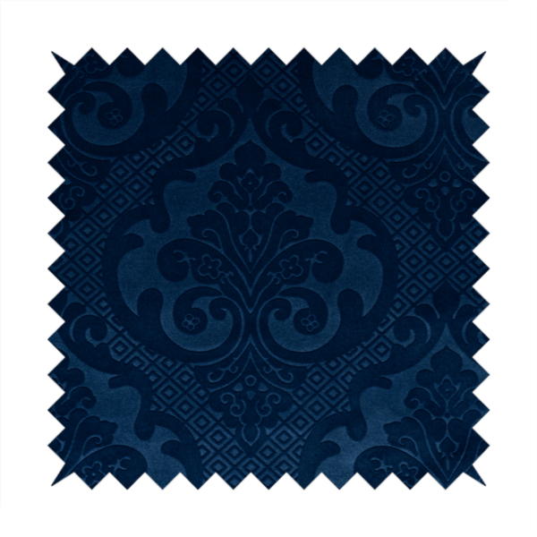 Agra Velveteen Embossed Damask Pattern Upholstery Curtains Fabric In Navy Blue Velvet CTR-2779 - Roman Blinds