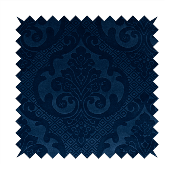 Agra Velveteen Embossed Damask Pattern Upholstery Curtains Fabric In Navy Blue Velvet CTR-2779 - Made To Measure Curtains