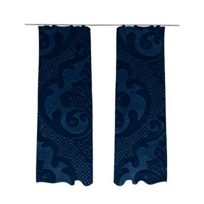 Agra Velveteen Embossed Damask Pattern Upholstery Curtains Fabric In Navy Blue Velvet CTR-2779 - Made To Measure Curtains