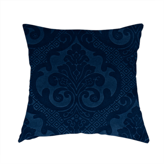 Agra Velveteen Embossed Damask Pattern Upholstery Curtains Fabric In Navy Blue Velvet CTR-2779 - Handmade Cushions