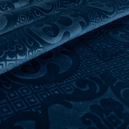 Agra Velveteen Embossed Damask Pattern Upholstery Curtains Fabric In Navy Blue Velvet CTR-2779 - Roman Blinds