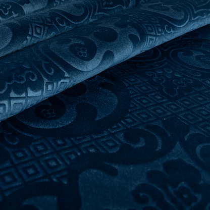 Agra Velveteen Embossed Damask Pattern Upholstery Curtains Fabric In Navy Blue Velvet CTR-2779 - Made To Measure Curtains