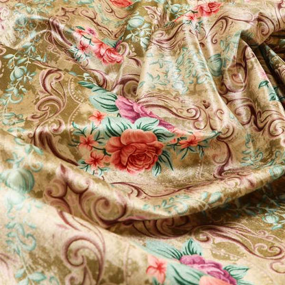 Delight Shiny Floral Printed Pattern Velvet Fabric In Gold Colour Upholstery Fabric CTR-278 - Made To Measure Curtains