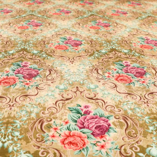Delight Shiny Floral Printed Pattern Velvet Fabric In Gold Colour Upholstery Fabric CTR-278 - Roman Blinds