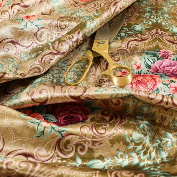 Delight Shiny Floral Printed Pattern Velvet Fabric In Gold Colour Upholstery Fabric CTR-278