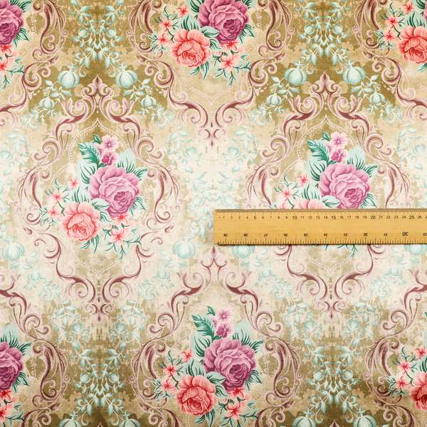 Delight Shiny Floral Printed Pattern Velvet Fabric In Gold Colour Upholstery Fabric CTR-278