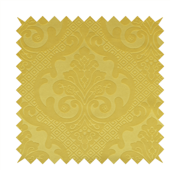 Agra Velveteen Embossed Damask Pattern Upholstery Curtains Fabric In Yellow Velvet CTR-2780 - Handmade Cushions