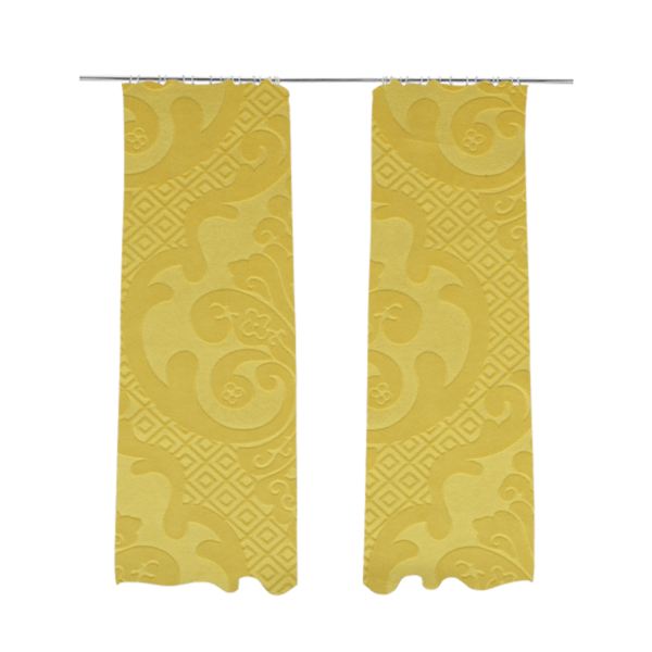 Agra Velveteen Embossed Damask Pattern Upholstery Curtains Fabric In Yellow Velvet CTR-2780 - Made To Measure Curtains