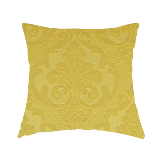 Agra Velveteen Embossed Damask Pattern Upholstery Curtains Fabric In Yellow Velvet CTR-2780 - Handmade Cushions
