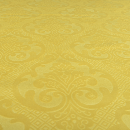 Agra Velveteen Embossed Damask Pattern Upholstery Curtains Fabric In Yellow Velvet CTR-2780 - Handmade Cushions