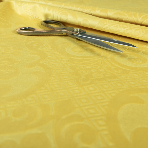 Agra Velveteen Embossed Damask Pattern Upholstery Curtains Fabric In Yellow Velvet CTR-2780 - Handmade Cushions