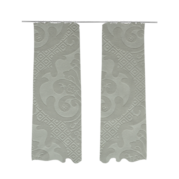 Agra Velveteen Embossed Damask Pattern Upholstery Curtains Fabric In Silver Grey Velvet CTR-2782 - Made To Measure Curtains