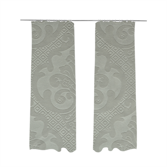 Agra Velveteen Embossed Damask Pattern Upholstery Curtains Fabric In Silver Grey Velvet CTR-2782 - Made To Measure Curtains