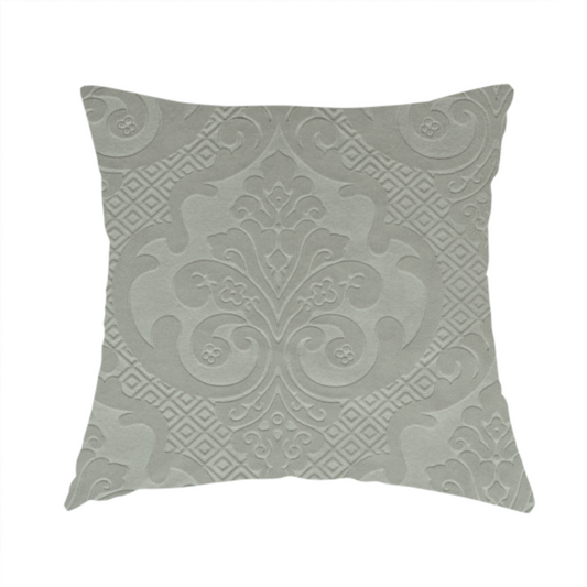 Agra Velveteen Embossed Damask Pattern Upholstery Curtains Fabric In Silver Grey Velvet CTR-2782 - Handmade Cushions