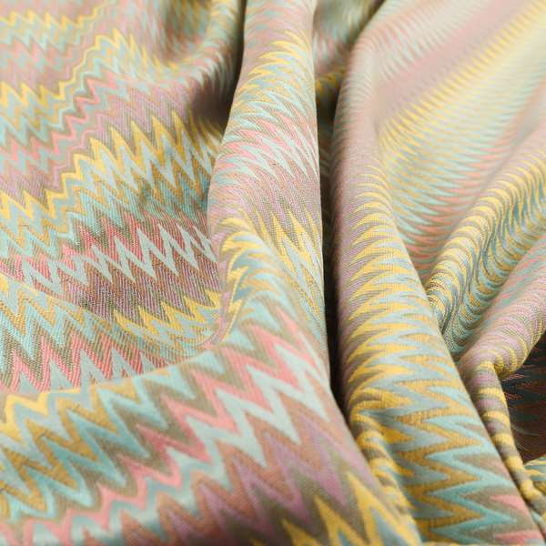 Tunis Chevron Pattern Fabrics In Smooth Finish Chenille Fabric Pink Teal Yellow Colour Upholstery Fabric CTR-279