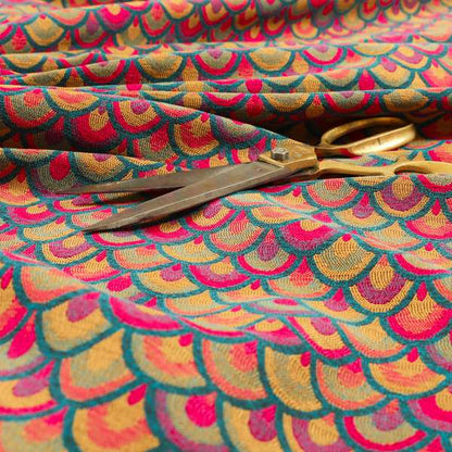 Peacock Pattern Collection In Smooth Finish Chenille Fabric In Pink Teal Colour Upholstery Fabric CTR-284