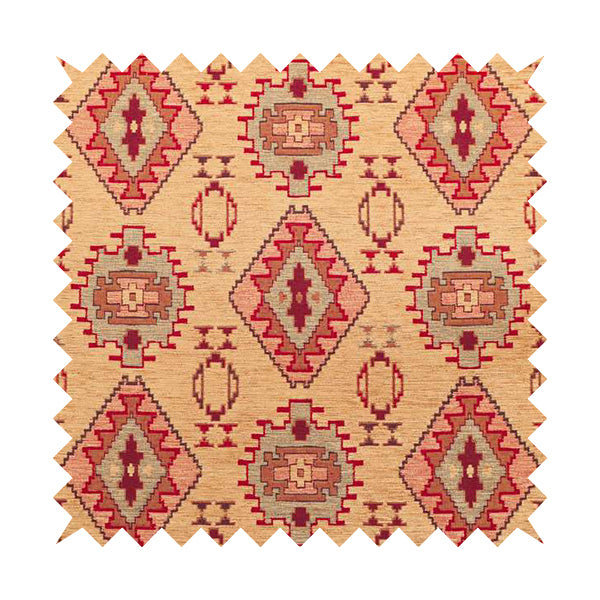 Opera Kilim Aztec Pattern Collection In Soft Chenille Beige Colour Upholstery Fabric CTR-285