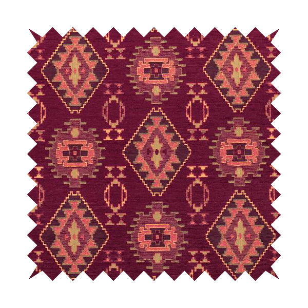 Opera Kilim Aztec Pattern Collection In Soft Chenille Purple Colour Upholstery Fabric CTR-286