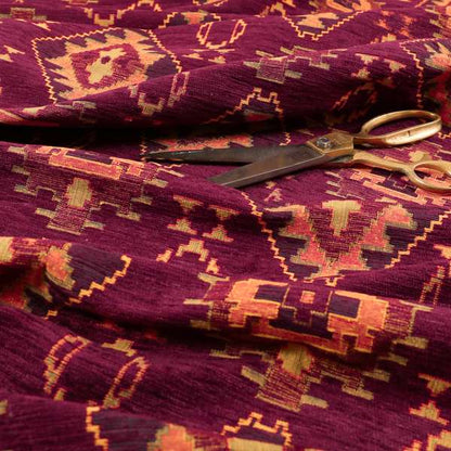 Opera Kilim Aztec Pattern Collection In Soft Chenille Purple Colour Upholstery Fabric CTR-286 - Made To Measure Curtains