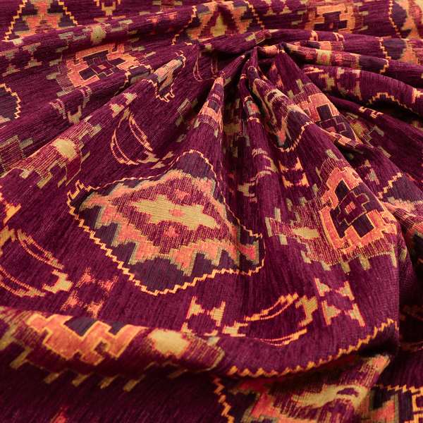 Opera Kilim Aztec Pattern Collection In Soft Chenille Purple Colour Upholstery Fabric CTR-286 - Made To Measure Curtains