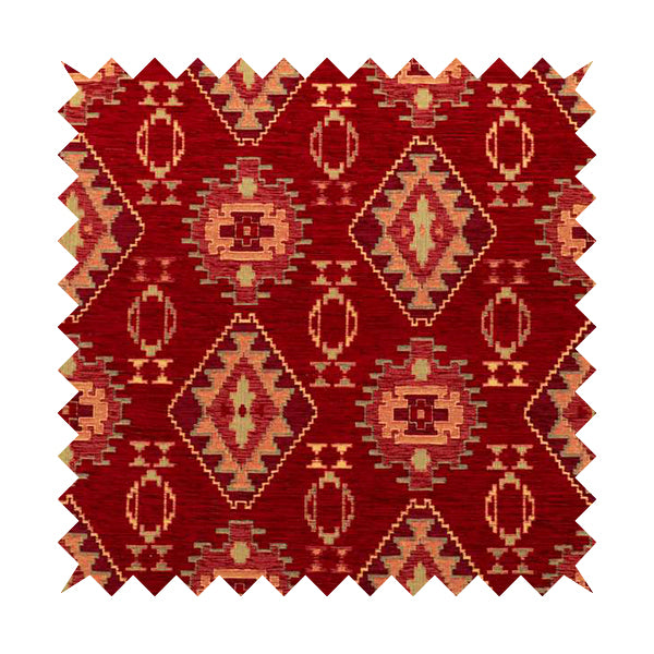 Opera Kilim Aztec Pattern Collection In Soft Chenille Red Colour Upholstery Fabric CTR-287 - Made To Measure Curtains