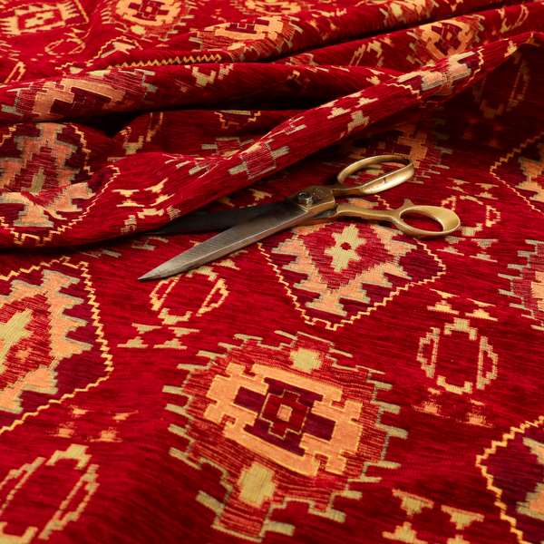 Opera Kilim Aztec Pattern Collection In Soft Chenille Red Colour Upholstery Fabric CTR-287 - Made To Measure Curtains