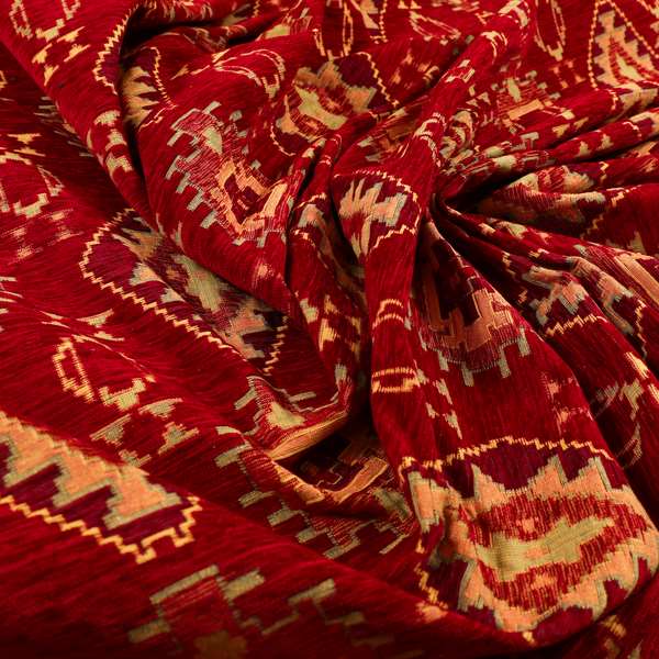 Opera Kilim Aztec Pattern Collection In Soft Chenille Red Colour Upholstery Fabric CTR-287 - Made To Measure Curtains