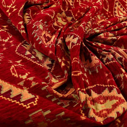 Opera Kilim Aztec Pattern Collection In Soft Chenille Red Colour Upholstery Fabric CTR-287 - Made To Measure Curtains