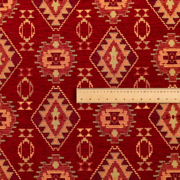 Opera Kilim Aztec Pattern Collection In Soft Chenille Red Colour Upholstery Fabric CTR-287 - Roman Blinds