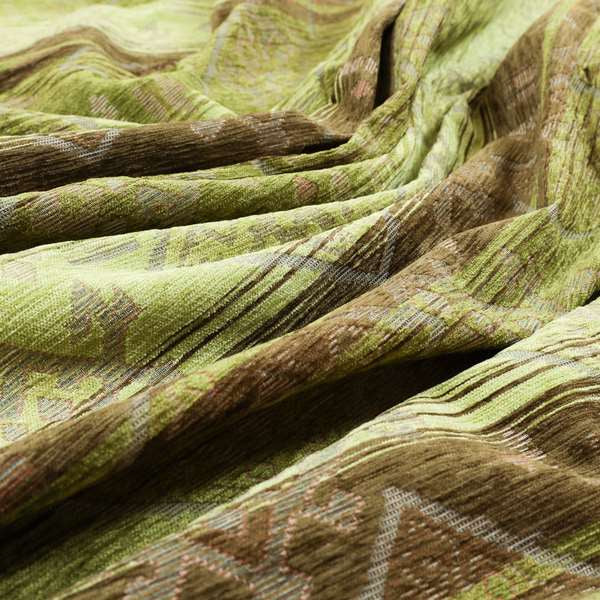 Bengal Kilim Aztec Pattern Collection In Soft Chenille Green Brown Colour Upholstery Fabric CTR-288