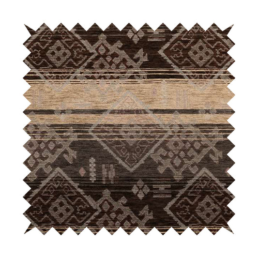 Bengal Kilim Aztec Pattern Collection In Soft Chenille Brown Beige Colour Upholstery Fabric CTR-289