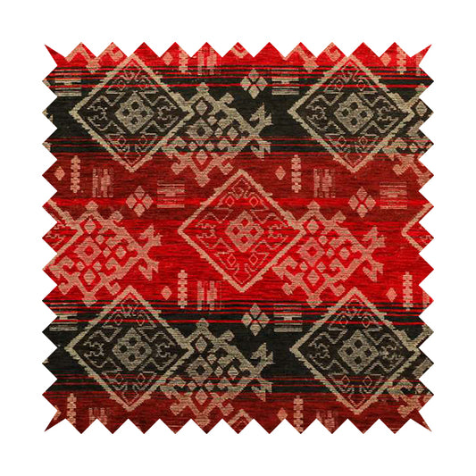 Bengal Kilim Aztec Pattern Collection In Soft Chenille Black Red Colour Upholstery Fabric CTR-290