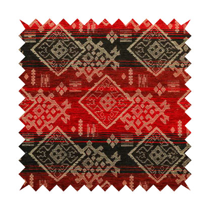 Bengal Kilim Aztec Pattern Collection In Soft Chenille Black Red Colour Upholstery Fabric CTR-290 - Made To Measure Curtains